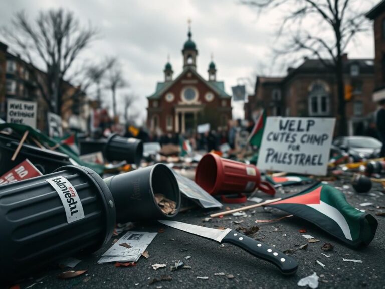 Flick International Chaotic street scene in Borough Park, Brooklyn, after an anti-Israel protest featuring overturned trash cans and protest signs.