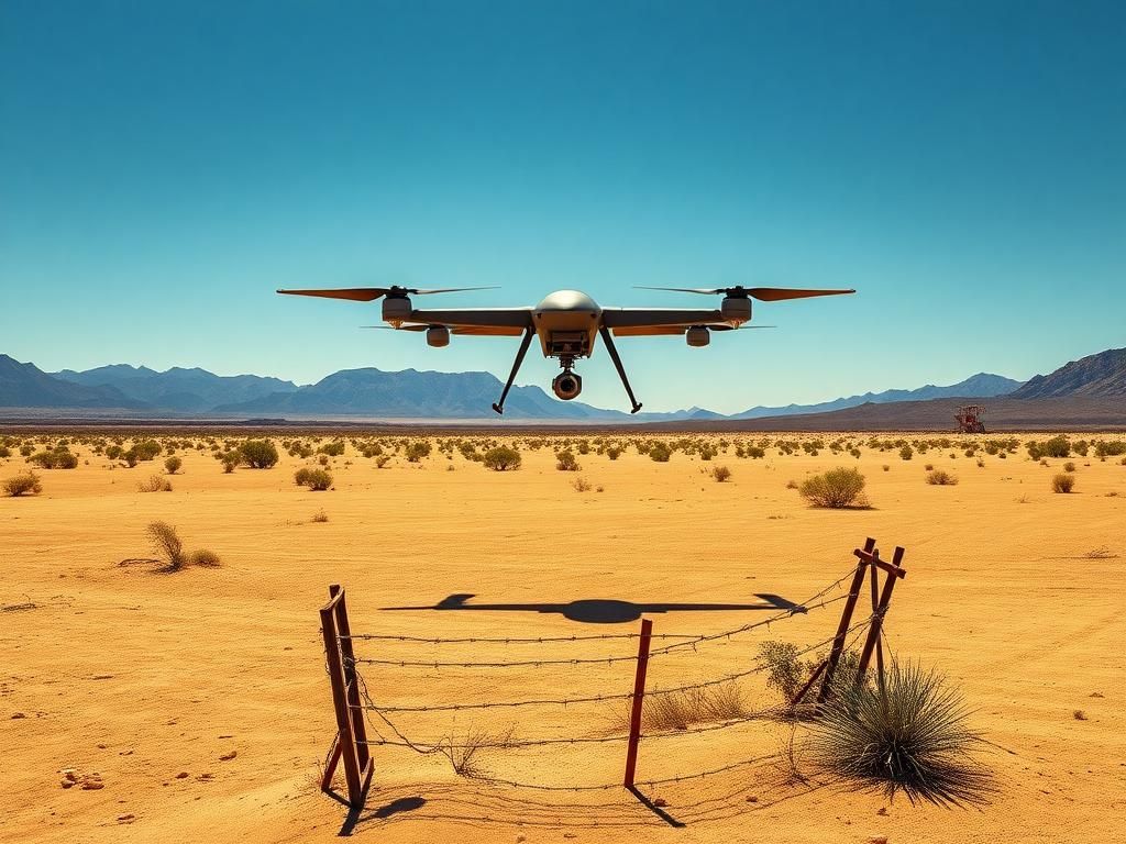 Flick International A menacing drone hovers over a vast desert landscape with rugged mountains in the background and signs of border security.