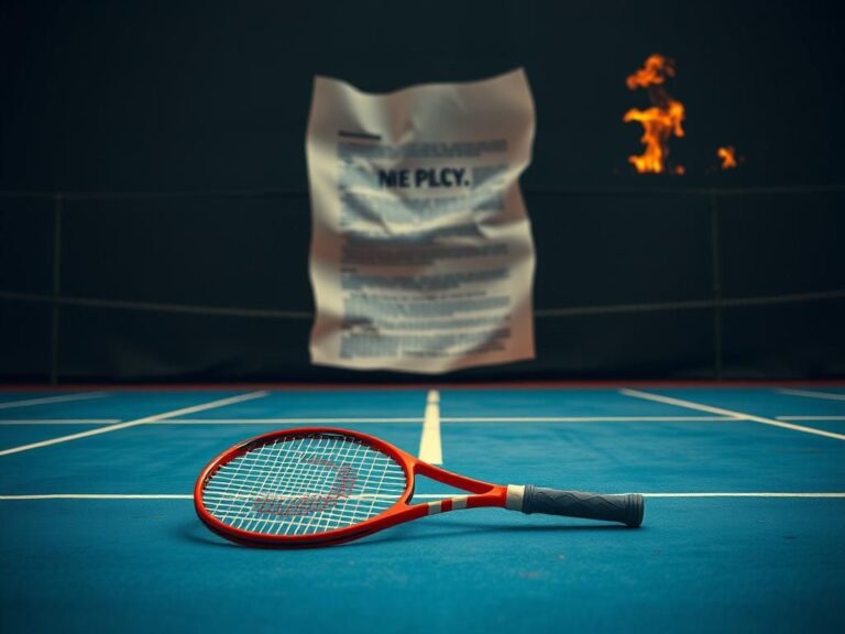 Flick International Dynamic college tennis court with a dropped racket symbolizing policy tension