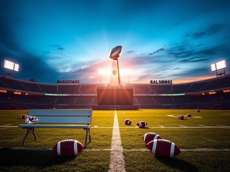 Flick International A dramatic football field at dusk with stadium lights and an empty bench for Chiefs and Eagles