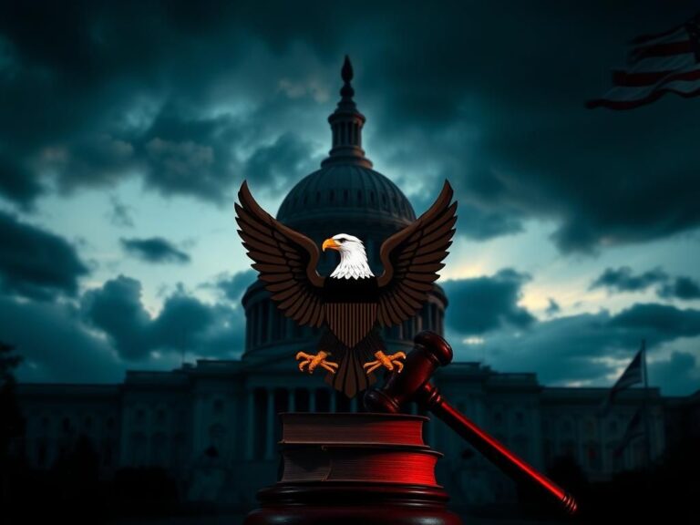 Flick International Somber U.S. Capitol building at twilight with eagle emblem over law books