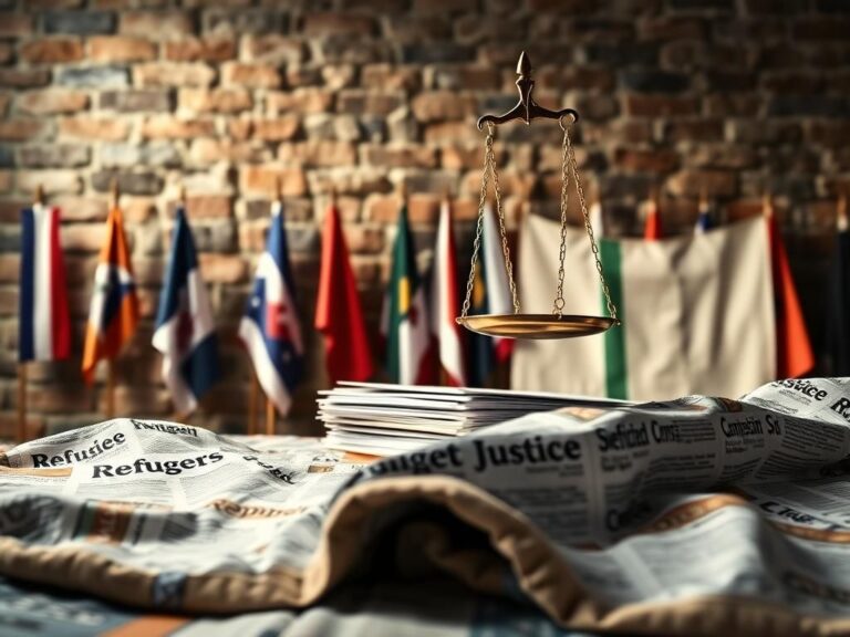 Flick International Scales of justice balancing on official documents against a backdrop of refugee flags