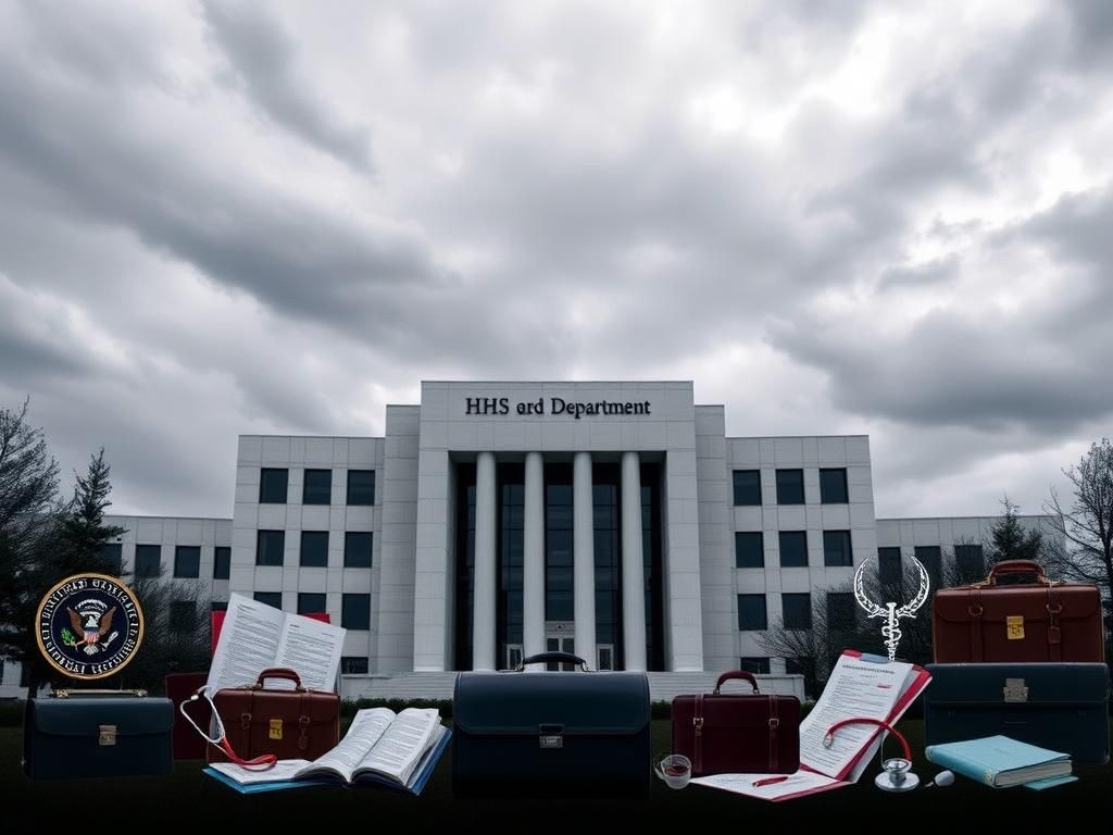 Flick International Image of the United States Department of Health and Human Services building under a gray sky with health symbols and government seals.