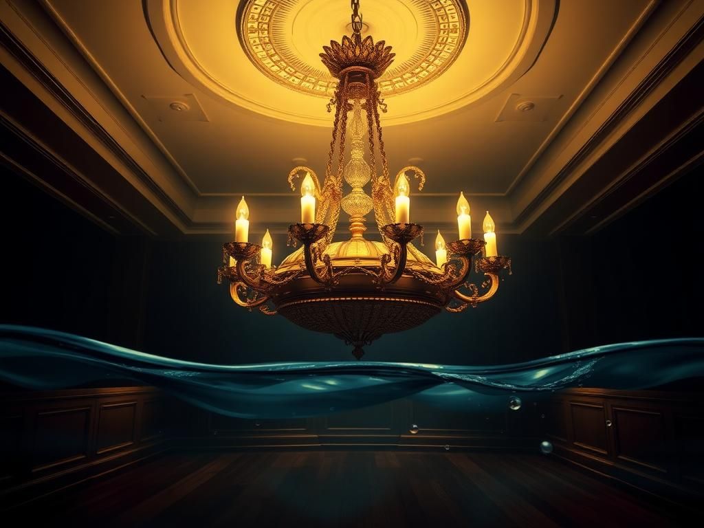 Flick International Ornate chandelier from the RMS Titanic's first-class smoking lounge glistening in soft lighting