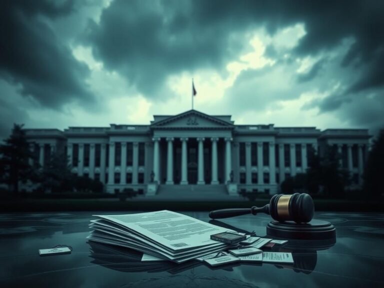 Flick International Exterior view of a high-security government building under low gray clouds