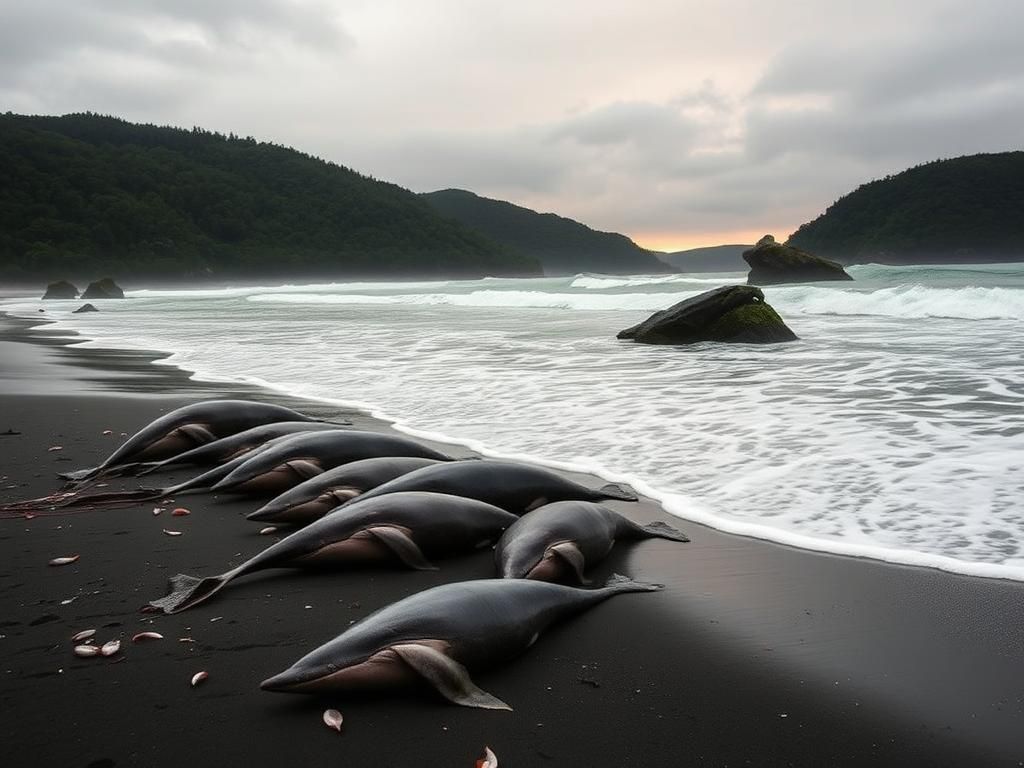 Flick International Stranded false killer whales on a remote Tasmanian beach at dawn