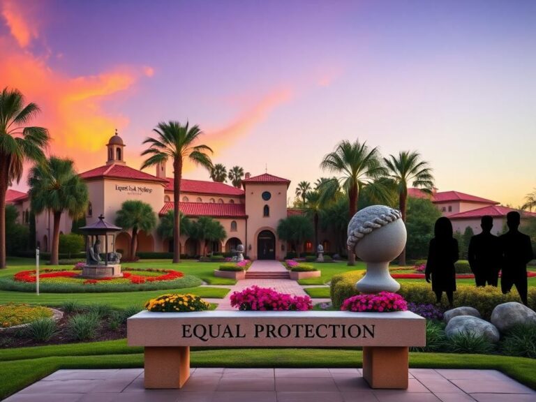 Flick International Serene campus landscape of the University of San Diego featuring Spanish-style architecture and a stone bench with 'Equal Protection' engraving