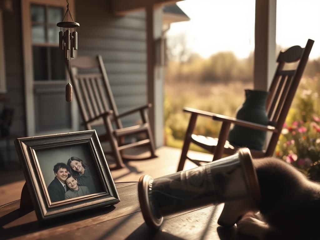 Flick International An empty porch with two weathered rocking chairs symbolizing a broken familial bond.