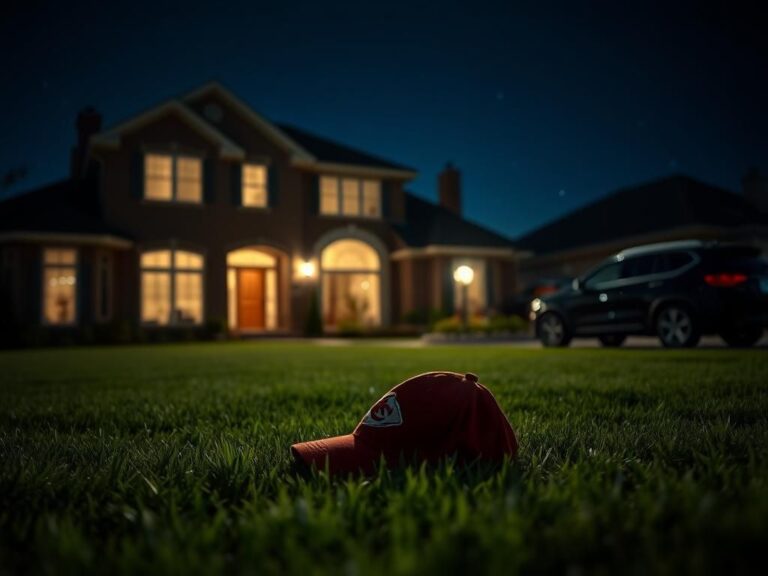 Flick International Dark suburban home at night with an open door and Kansas City Chiefs cap in foreground