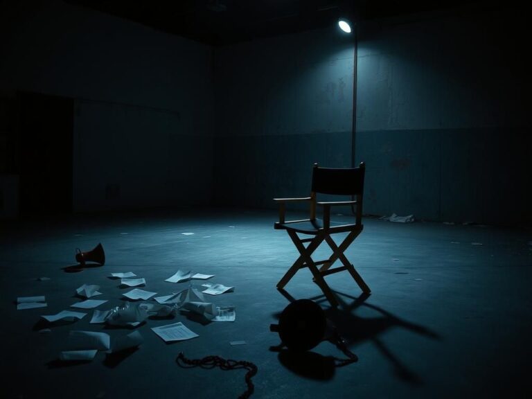 Flick International Dimly lit film set with an empty director's chair and scattered scripts symbolizing discomfort