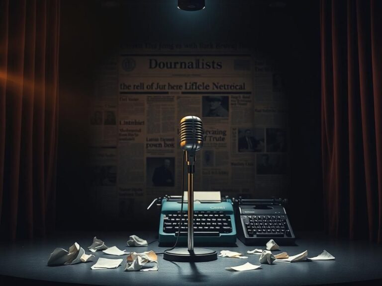 Flick International A dimly lit theater stage with a vintage microphone symbolizing journalistic responsibility