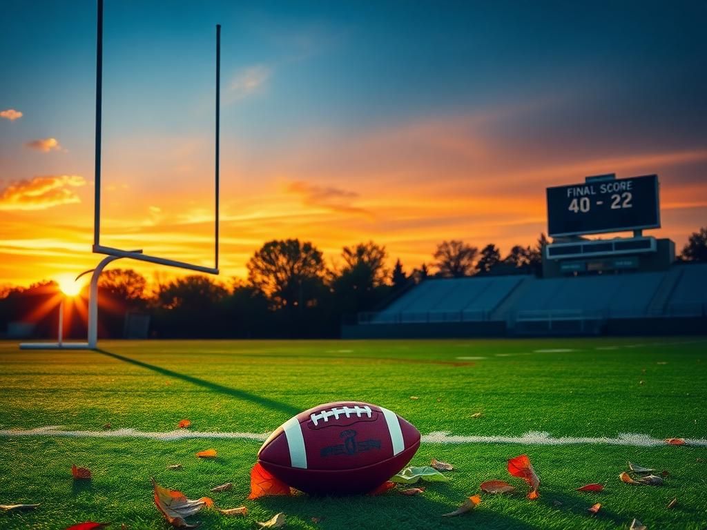 Flick International A serene football field at sunset with goalposts casting shadows and a solitary football on the 50-yard line