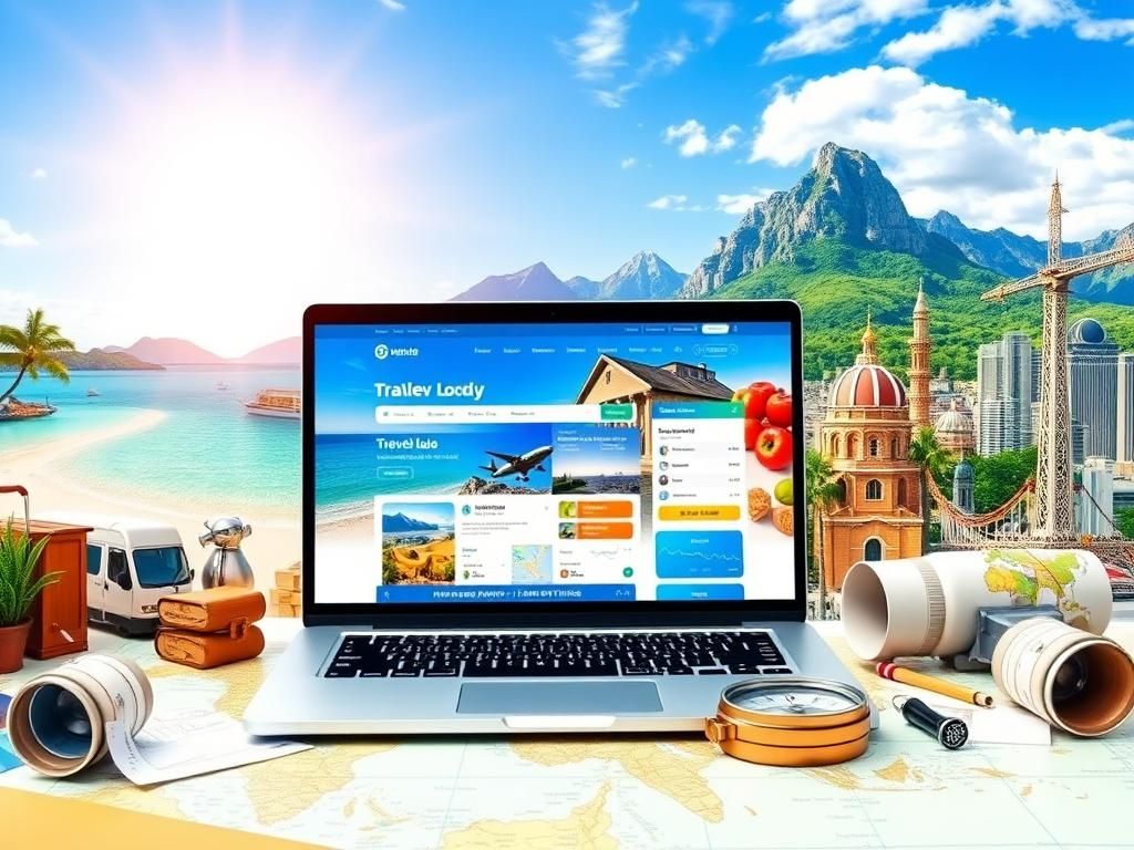 Flick International A modern laptop displaying a vibrant travel booking website surrounded by scenic travel destination visuals.