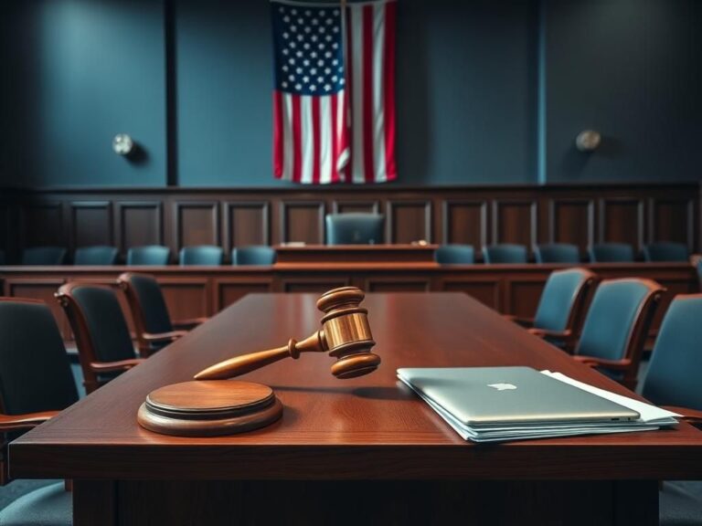 Flick International Courtroom scene depicting an empty judge's bench with a gavel, representing justice and authority