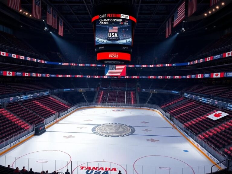 Flick International A vibrant hockey arena scene displaying Team USA and Canadian flags with a central ice rink