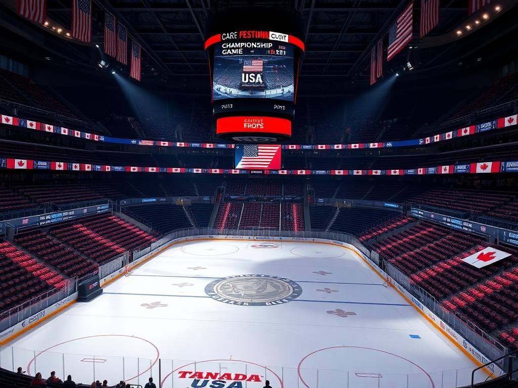 Flick International A vibrant hockey arena scene displaying Team USA and Canadian flags with a central ice rink