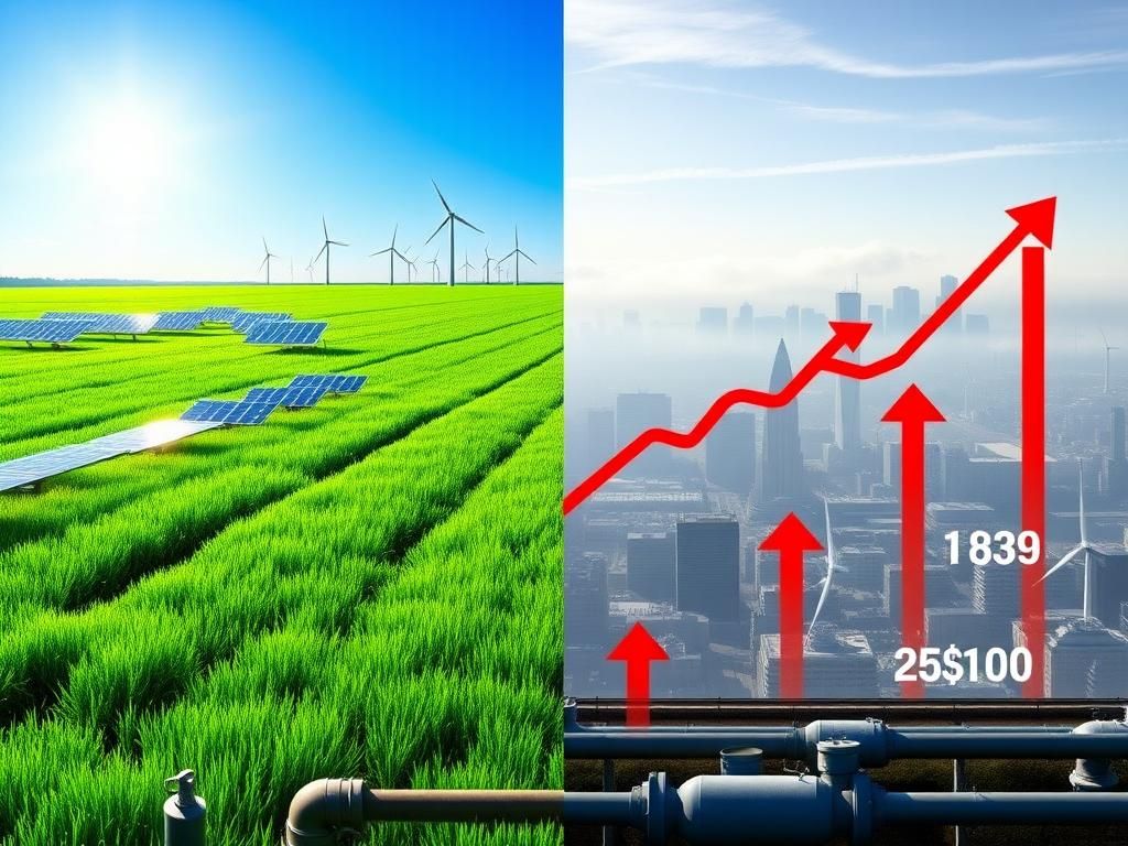 Flick International A contrasting landscape depicting New Jersey's Energy Master Plan debate, featuring green solar fields and a smoggy urban skyline.