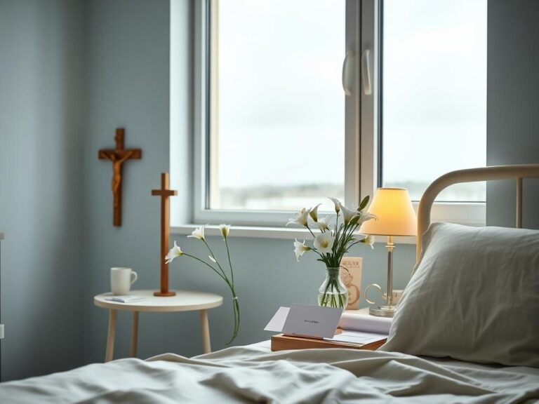 Flick International A serene hospital room with a cozy bedside table and fresh white lilies