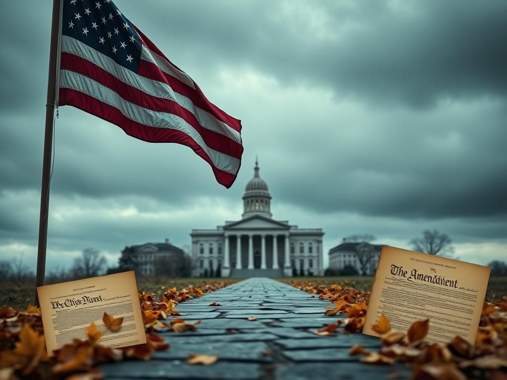 Flick International Aged American flag waving in front of a historic building symbolizing democracy