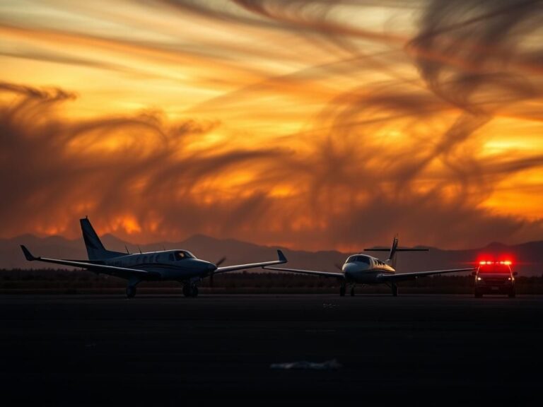 Flick International Aerial view of two small planes colliding at a regional Arizona airport during sunset.