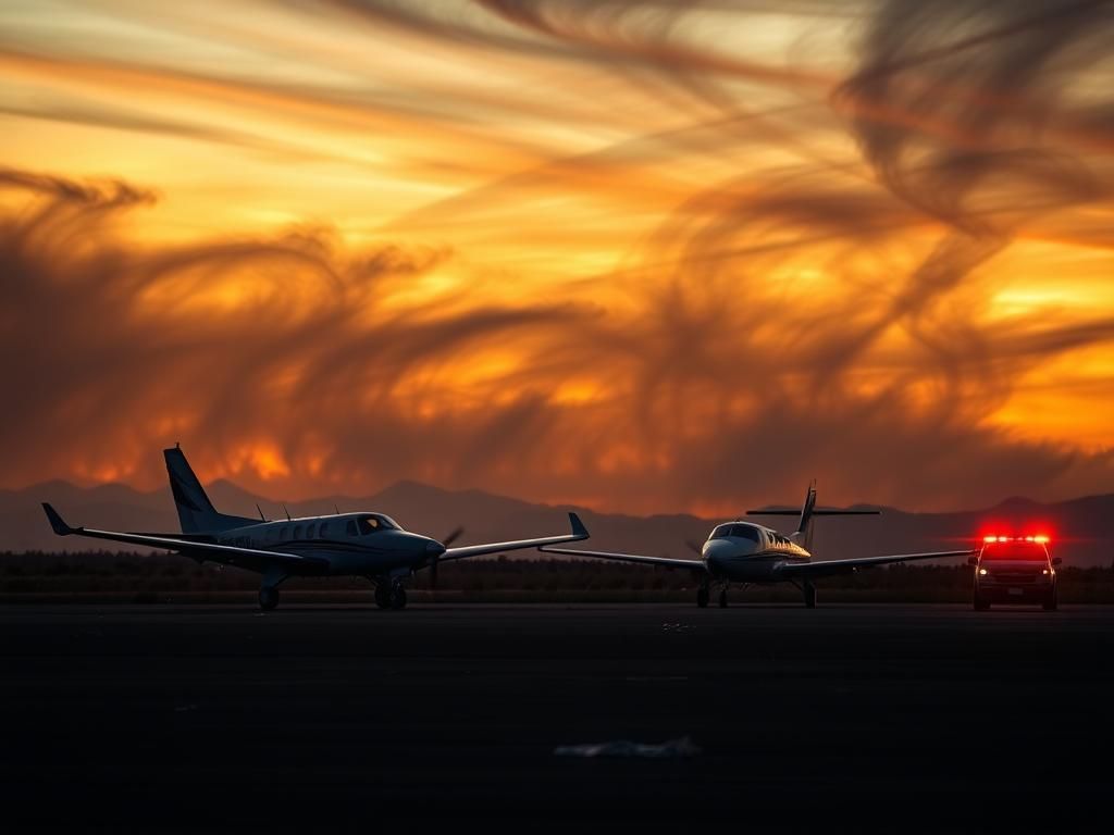 Flick International Aerial view of two small planes colliding at a regional Arizona airport during sunset.