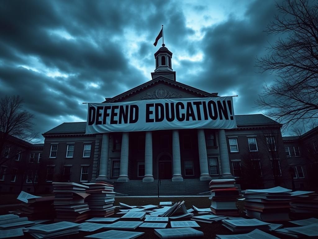 Flick International Somber exterior of a historic university building at dusk with a banner saying 'Defend Education!'