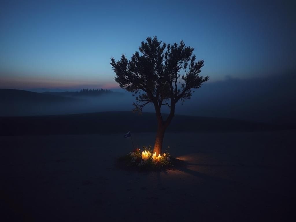 Flick International Memorial of flowers and candles at an ancient olive tree in a tranquil Israeli landscape at dusk