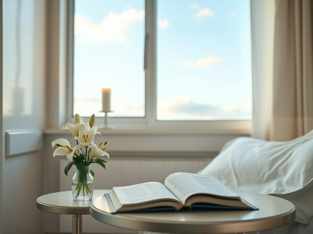 Flick International Cozy hospital room with fresh white lilies and prayer book