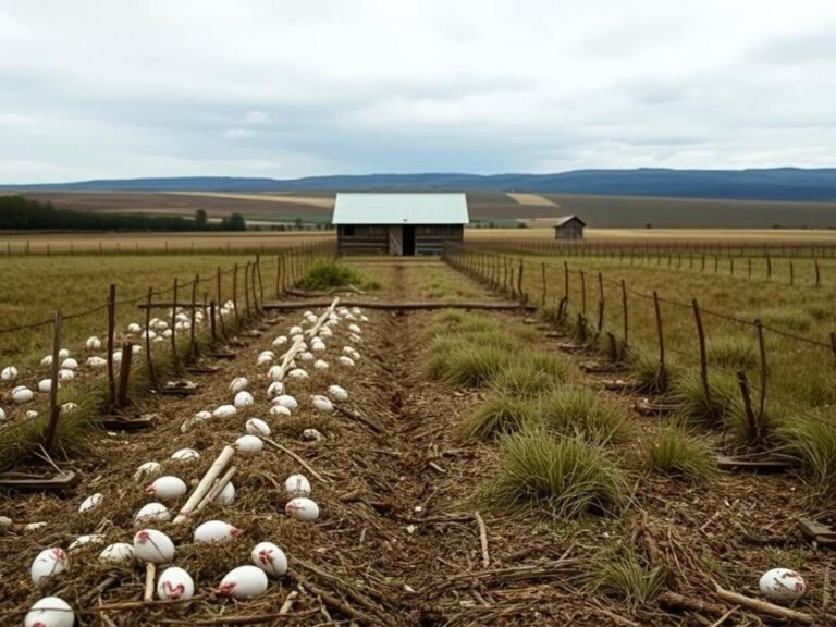 Flick International Barren farm landscape with empty chicken coops and overgrown fields affected by bird flu