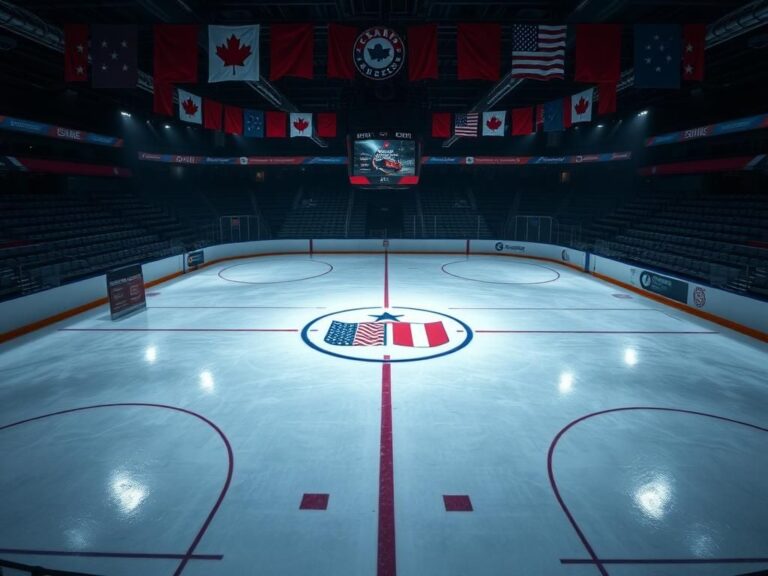 Flick International Tense hockey rink scene with empty ice surface and Canadian-American flags