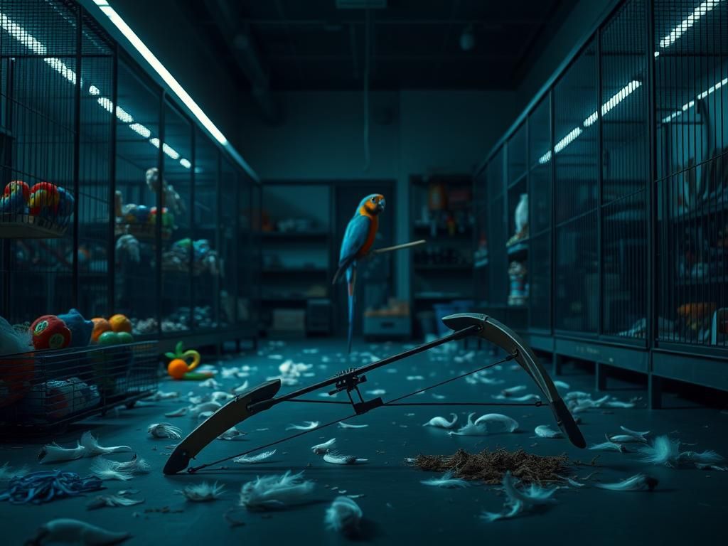 Flick International Dimly lit pet store interior with overturned birdcages and scattered feathers after a robbery incident