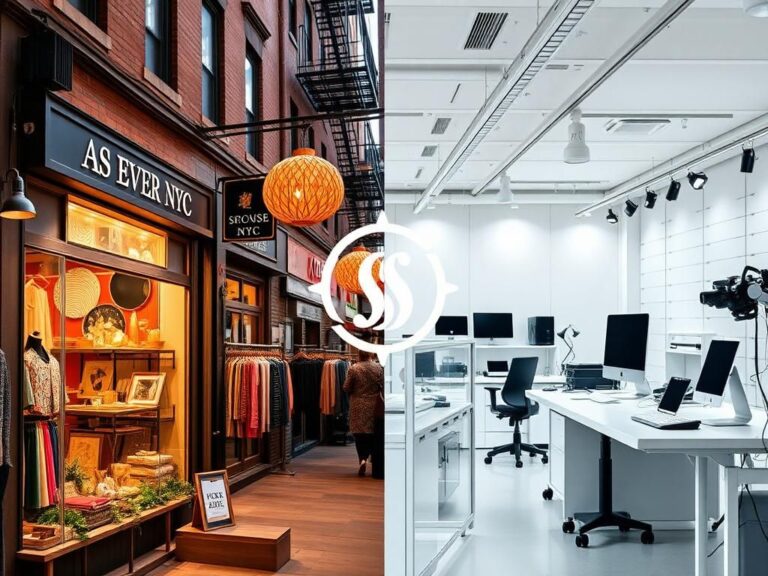 Flick International A split scene contrasting a bustling Manhattan street with a small boutique named 'As Ever NYC' and a sleek workspace of Meghan Markle's lifestyle brand 'As Ever.'