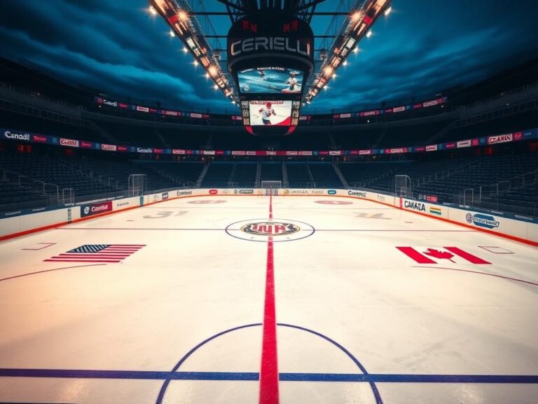 Flick International Ice hockey rink illuminated at twilight with US and Canadian flags