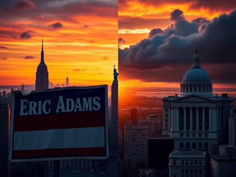 Flick International Dramatic cityscape of New York City at sunset featuring iconic landmarks and contrasting political symbols