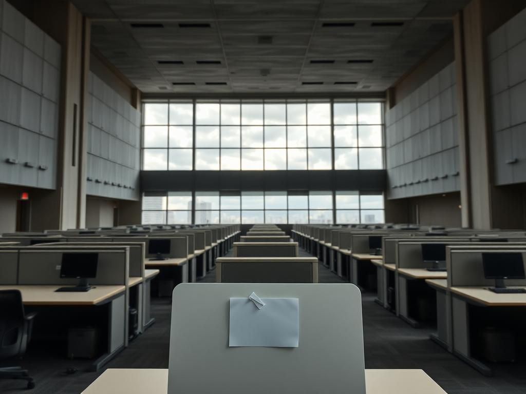 Flick International Empty office interior of HUD headquarters showcasing vacant cubicles and unused desks