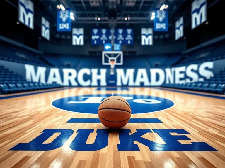 Flick International Polished hardwood basketball court in an empty Duke University gymnasium with a basketball at center court