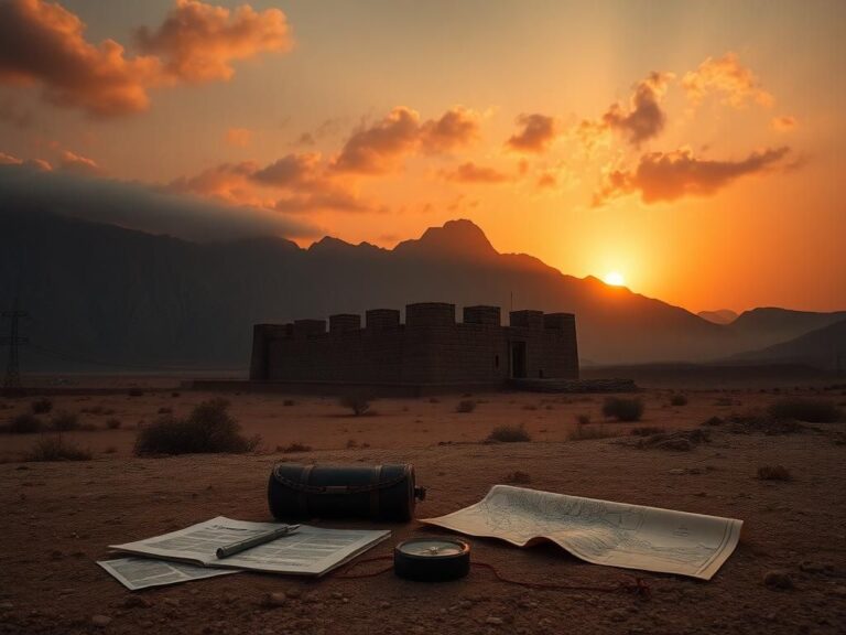 Flick International Arid Iranian landscape at dusk with ancient fortress and documents