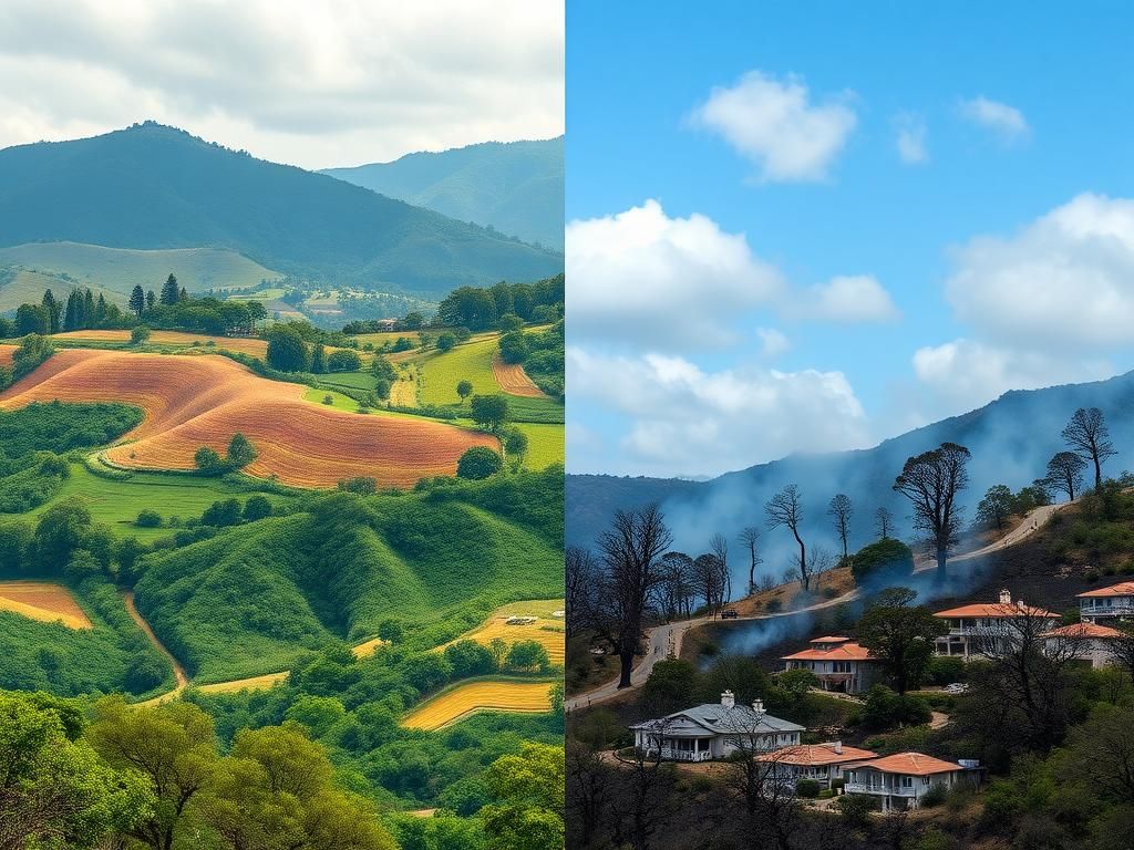 Flick International Split-view image contrasting lush Ghana landscape with charred Pacific Palisades after wildfires