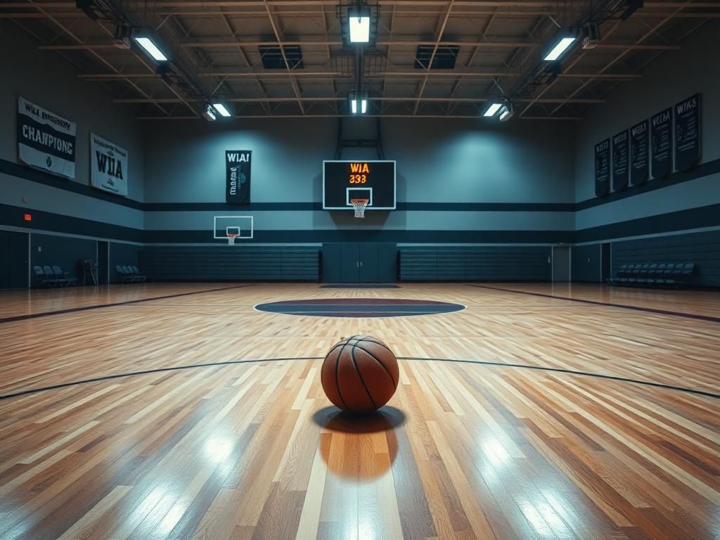 Flick International Empty high school gymnasium with a lone basketball in focus