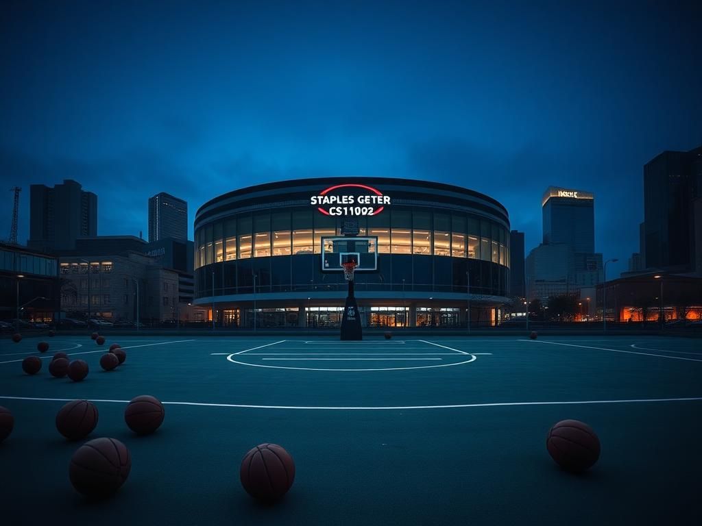 Flick International Dramatic urban landscape of the Staples Center at dusk, highlighting empty basketball hoops and worn basketballs.