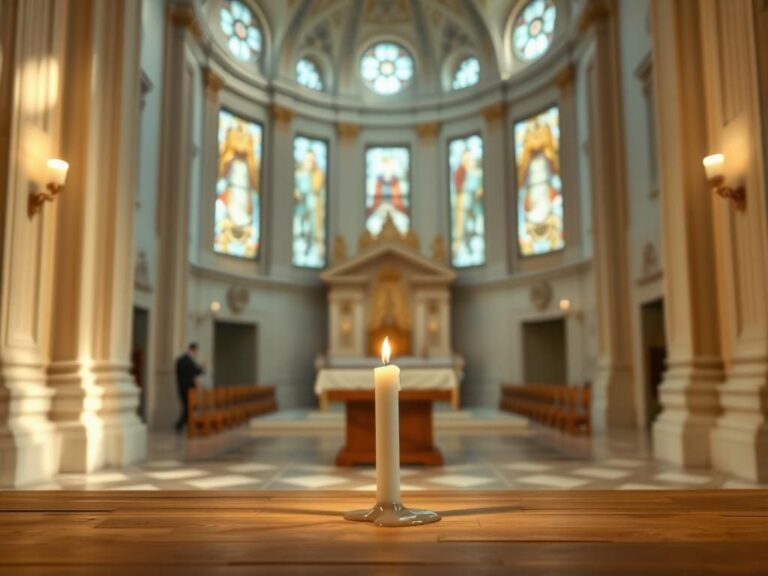 Flick International A serene interior of a grand Vatican chapel featuring a wooden altar and lit candle