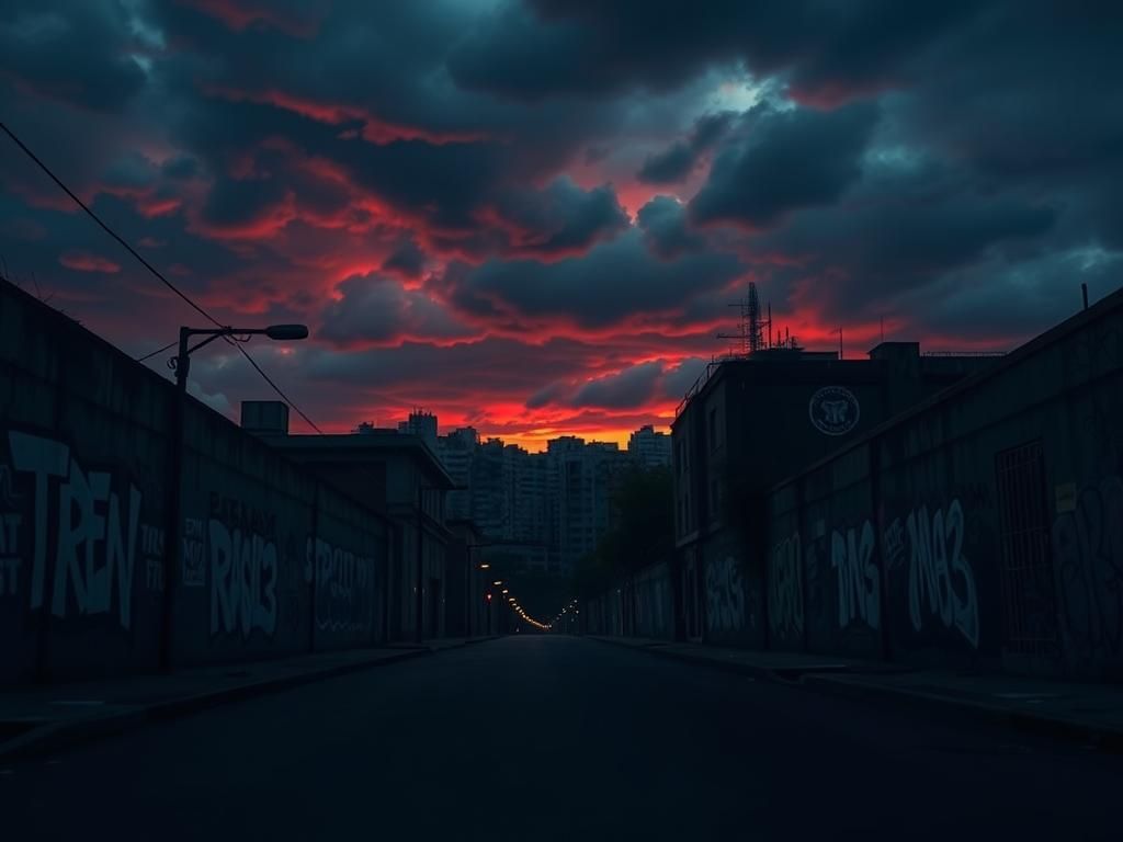 Flick International Dark urban landscape at twilight with graffiti, symbolizing chaos and danger