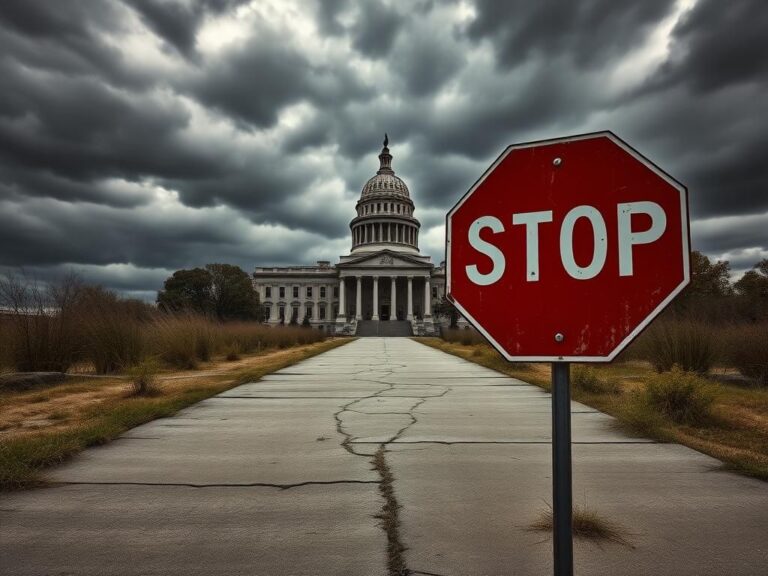 Flick International A deserted pathway leading to an imposing government building with a red stop sign symbolizing the proposed halt to benefits for illegal immigrants