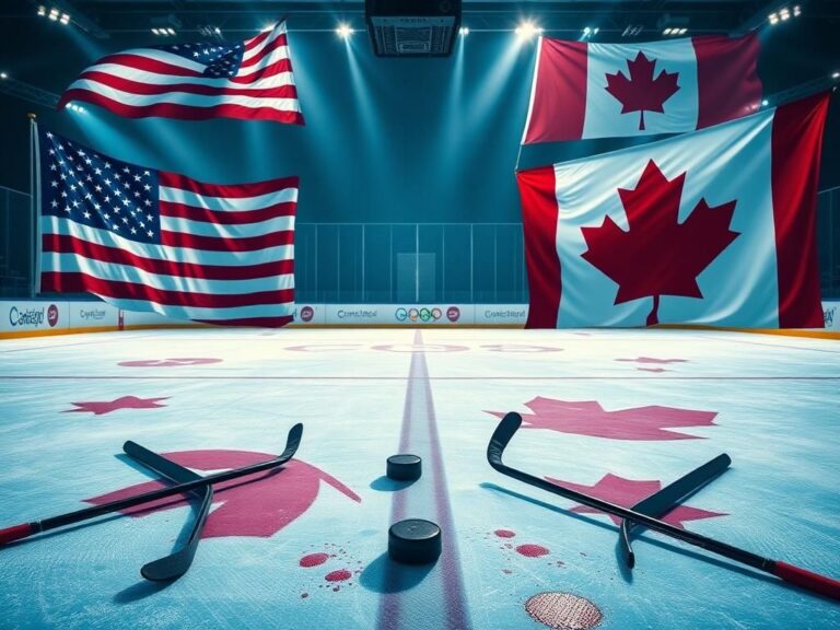 Flick International Dynamic hockey rink depicted with Team USA and Team Canada rival colors