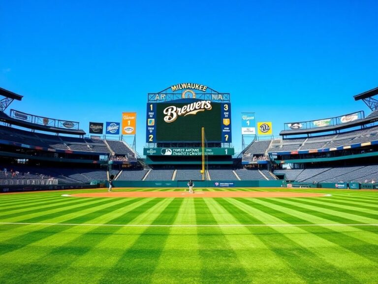 Flick International Vibrant baseball stadium under a clear blue sky with Milwaukee Brewers logo