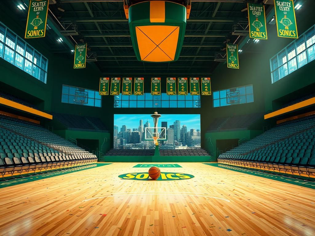 Flick International Empty basketball arena in Seattle with polished court and SuperSonics colors