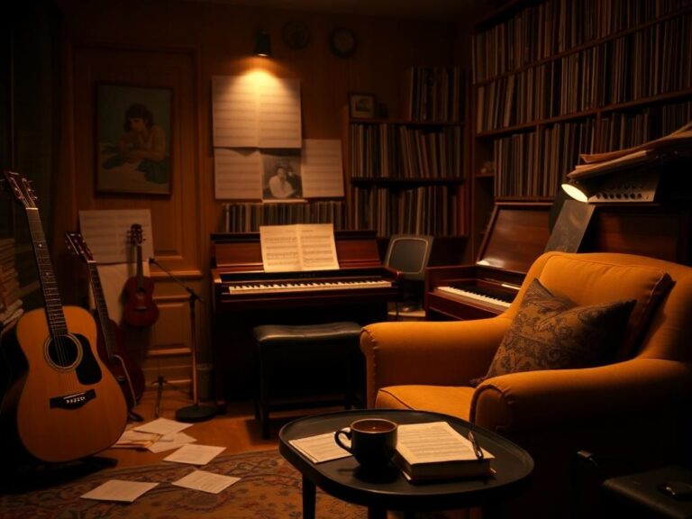 Flick International Cozy music studio with vintage guitar and piano