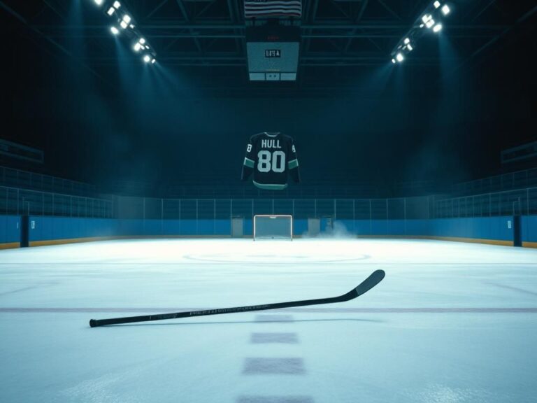 Flick International A dimly lit hockey rink with a broken hockey stick and a faded jersey commemorating Bobby Hull