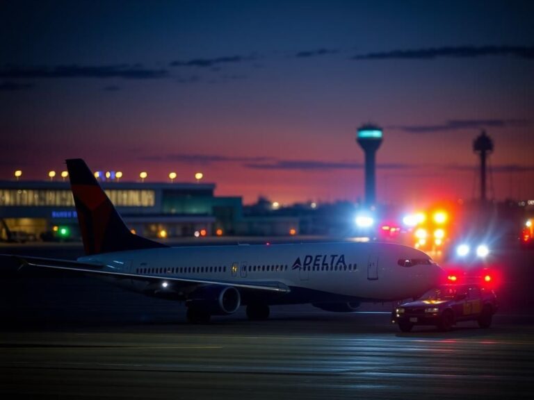 Flick International Grounded Delta Airlines airplane overturned at twilight with emergency response vehicles