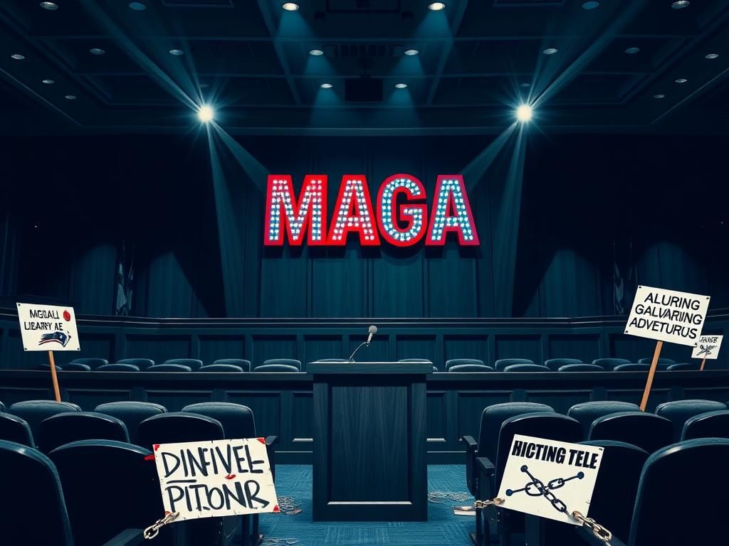 Flick International Empty city council chamber with MAGA sign on wall